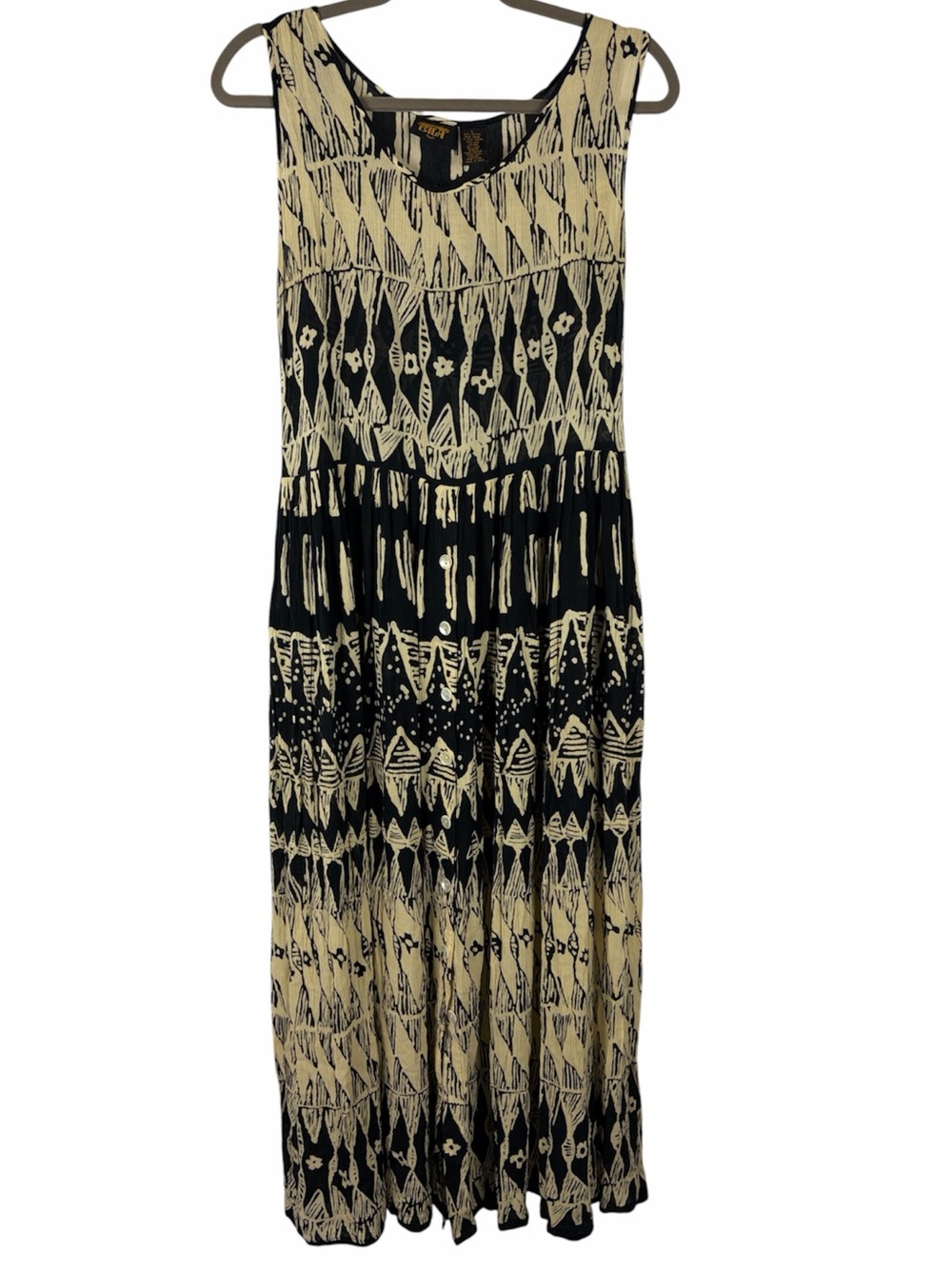 BILA Rayon Tribal Print Sleeveless Maxi Dress Black Cream Size L Boho Button